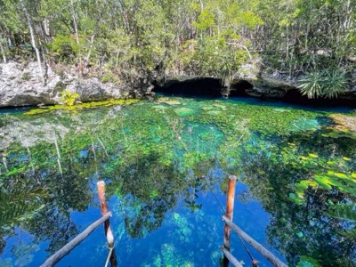 Deep blues and greens of the water inside a cenote
