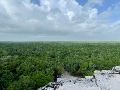 The jungle and ball court seen from the top of a Coba pyramid