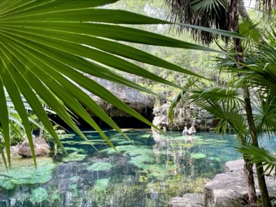 Stalactites hanging over the water of the Maya underworld