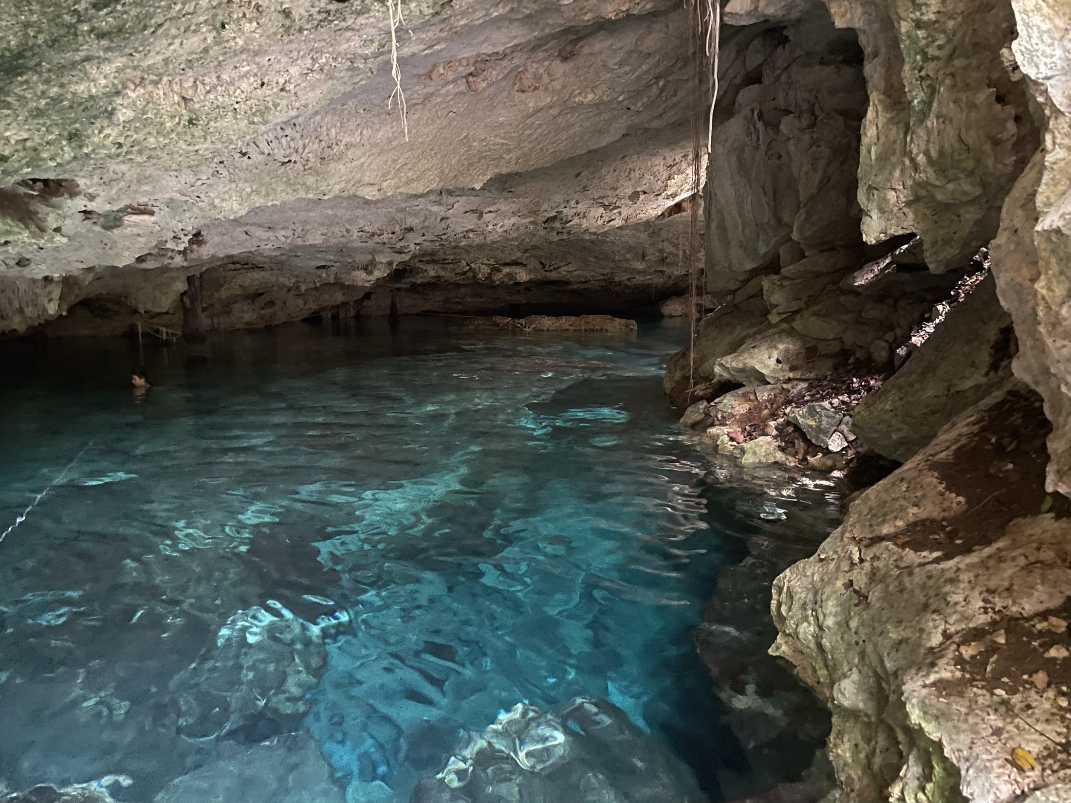 Still, mirror-clear water deep inside a cave cenote