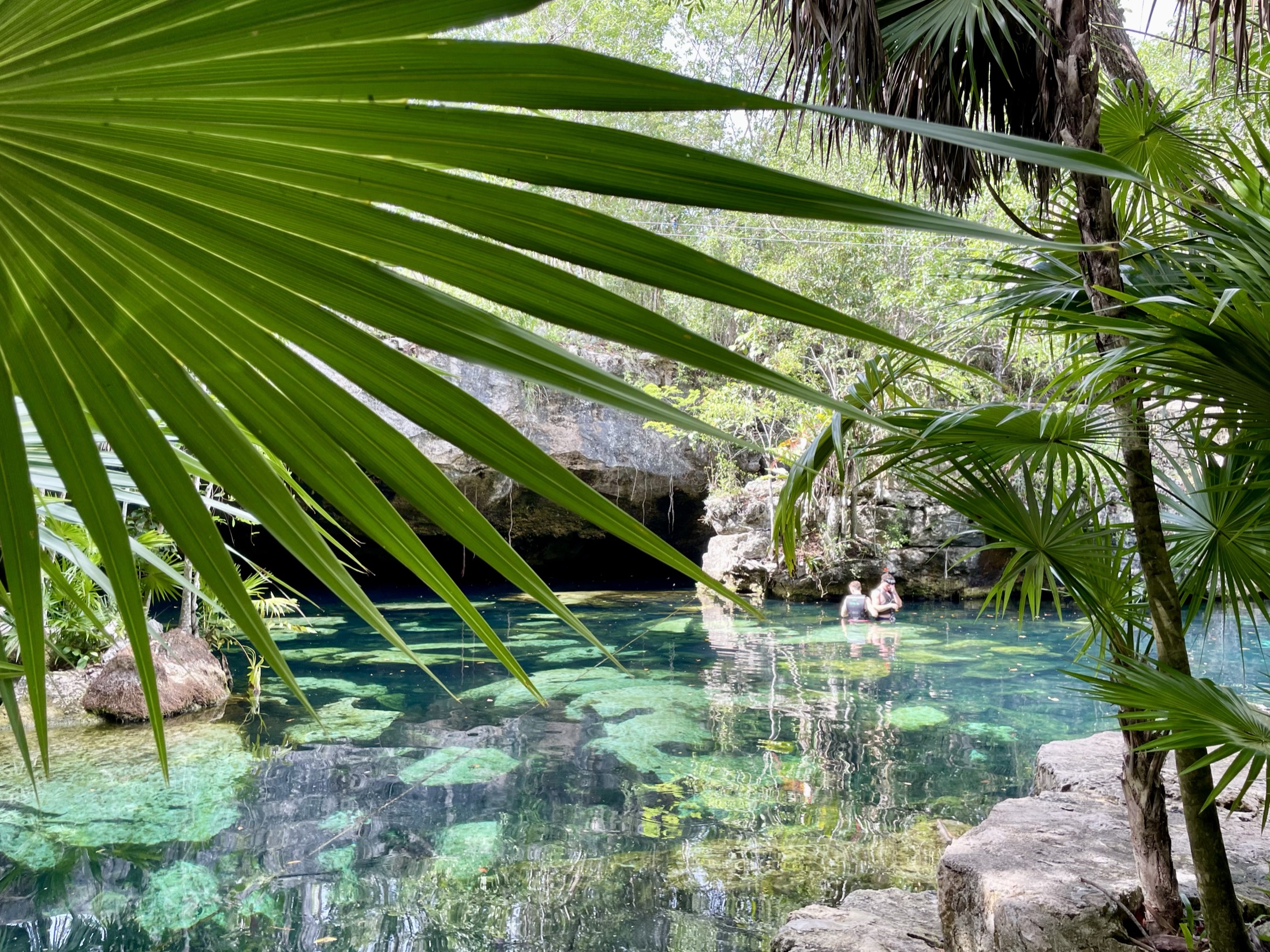Stalactites hanging over the water of the Maya underworld